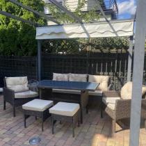 Aranżacja: Meble ogrodowe z sofą 175cm, wysokim stołem, fotelami i pufami Perata Dining Brown