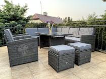 Aranżacja: Meble technorattan narożnik, stół, pufy i fotele Cofete Dark Grey Plus