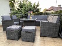 Aranżacja: Meble technorattan narożnik, stół, pufy i fotele Cofete Dark Grey Plus