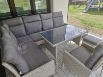 Aranżacja: Meble technorattanowe narożne ze stołem 120x70cm, pufami i fotelem Lirata Corner - Light Grey