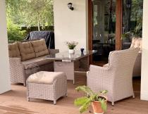 Aranżacja: Meble technorattanowe z sofą 178cm, 2 fotelami, 2 pufami i stołem obiadowym Fiorento - Beige