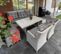 Aranżacja: Meble technorattanowe z sofą 178cm, 2 fotelami, 2 pufami i stołem obiadowym Fiorento - Grey