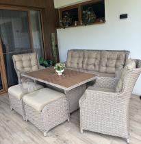 Aranżacja: Meble technorattanowe z sofą 178cm, 2 fotelami, 2 pufami i stołem obiadowym polywood Fiorento - Beige