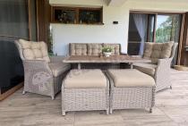 Aranżacja: Meble technorattanowe z sofą 178cm, 2 fotelami, 2 pufami i stołem obiadowym polywood Fiorento - Beige