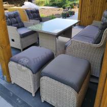 Aranżacja: Meble technorattanowe z sofą 178cm, 2 fotelami z regulacją, 2 pufami i stołem obiadowym Fiorento - Grey