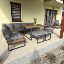 Aranżacja: Metalowy narożnik ogrodowy 280x220cm ze stołem obiadowym i fotelem Panaon Grey Teak