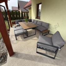 Aranżacja: Metalowy narożnik ogrodowy 280x220cm ze stołem obiadowym i fotelem Panaon Grey Teak