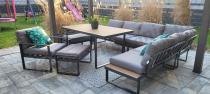 Aranżacja: Metalowy narożnik ogrodowy 280x220cm ze stołem obiadowym i fotelem Panaon Grey Teak