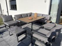 Aranżacja: Metalowy narożnik ogrodowy 280x220cm ze stołem obiadowym i fotelem Panaon Grey Teak