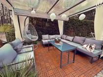 Aranżacja: Modułowe meble narożne ogrodowe z wysokim stołem i dwoma fotelami Trapeno 6 modułów