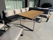 Aranżacja: Modułowe meble obiadowe z narożnikiem z ławą i dwoma fotelami Panaon Grey Teak