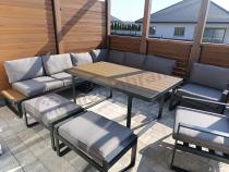 Aranżacja: Modułowe meble obiadowe z narożnikiem z ławą i dwoma fotelami Panaon Grey Teak