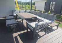 Aranżacja: Modułowy narożnik na taras, wysoki stół, fotel i pufy - Calamba Corner XXL - Light Grey