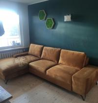 Aranżacja: Musztardowy narożnik welurowy z funkcją spania Flavio II lewy 293x179 cm