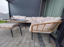 Aranżacja: Narożnik ogrodowy boho rope style z dużym stołem, fotelem i pufami Torgiano Corner XL beżowy