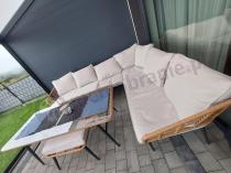 Aranżacja: Narożnik ogrodowy boho rope style z dużym stołem, fotelem i pufami Torgiano Corner XL beżowy