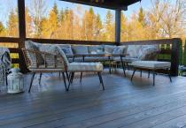 Aranżacja: Narożnik ogrodowy boho rope style z dużym stołem, fotelem i pufami Torgiano Corner XL beżowy