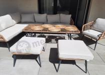 Aranżacja: Narożnik ogrodowy boho rope style z dużym stołem, fotelem i pufami Torgiano Corner XL beżowy