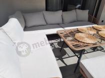 Aranżacja: Narożnik ogrodowy boho rope style z dużym stołem, fotelem i pufami Torgiano Corner XL beżowy