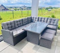 Aranżacja: Narożnik ogrodowy technorattan 250x190cm z pikowanymi poduszkami + pufy Cofete Anthracite