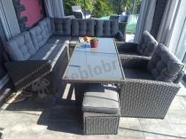 Aranżacja: Narożnik ogrodowy z technorattanu z 2 fotelami + pufy z pikowanymi poduszkami Cofete Anthracite