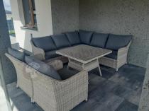 Aranżacja: Narożnik tarasowy 207x207cm ze stołem obiadowym 95x95cm i fotelami Novici - Creme