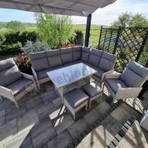 Aranżacja: Narożnik technorattan ze stołem 120x70cm, dwoma fotelami i pufami Lirata Corner Light Grey