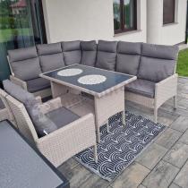 Aranżacja: Narożnik technorattan ze stołem 120x70cm, dwoma fotelami i pufami Lirata Corner Light Grey