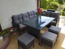 Aranżacja: Narożnik z technorattanu 190x140cm z wysokim stołem i 3 pufami Torino Corner Anthracite