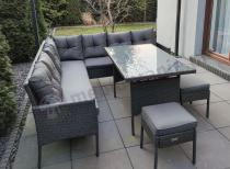 Aranżacja: Narożnik z technorattanu 190x190cm z 3 pufami i stołem Torino Corner XL Anthracite