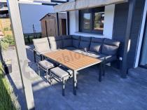 Aranżacja: Nowoczesne meble ogrodowe metalowe narożne z pufami i stołem polywood- Doros Corner XL - Dark Grey