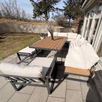 Aranżacja: Nowoczesny narożnik ogrodowy z fotelem i stołem 160cm Panaon Corner XL Light Beige Teak