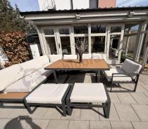 Aranżacja: Nowoczesny narożnik ogrodowy z fotelem i stołem 160cm Panaon Corner XL Light Beige Teak