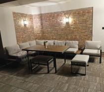 Aranżacja: Nowoczesny narożnik ogrodowy z fotelem i stołem 160cm Panaon Corner XL Light Beige Teak