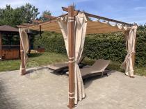 Aranżacja: Pergola ogrodowa z materiałowym dachem i zasłonami Kirn 4x4 Aluminium - Cream Wood