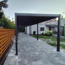 Aranżacja: Pergola tarasowa lamelowa 3x6 metalowa Nefir 2.0 Antracyt + zasłony moskitiera, Gartwerk