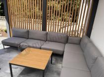Aranżacja: Sofa modułowa premium na taras ze stali nierdzewnej - szare poduszki olefin, premium - Salve 6 modułów ze stolikiem