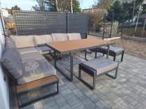 Aranżacja: Szary modułowy narożnik na taras 280x220cm z wysokim stołem Panaon Grey Teak