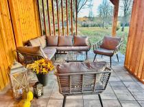 Aranżacja: Szary narożnik tarasowy z fotelem i stolikiem kawowym - technorattan - Torgiano Corner - Grey