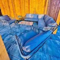 Aranżacja: Szary narożnik tarasowy z fotelem i stolikiem kawowym - technorattan - Torgiano Corner - Grey