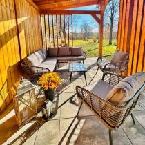 Aranżacja: Szary narożnik tarasowy z fotelem i stolikiem kawowym - technorattan - Torgiano Corner - Grey