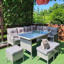 Aranżacja: Szary narożnik technorattan 190x140cm ze stołem obiadowym i pufami Torino Corner Grey