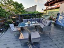 Aranżacja: Szary narożnik technorattan 190x140cm ze stołem obiadowym i pufami Torino Corner Grey