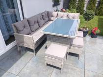 Aranżacja: Szary narożnik technorattan 190x140cm ze stołem obiadowym i pufami Torino Corner Grey