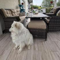 Aranżacja: Technorattanowy komplet mebli ogrodowych z sofą, 2 regulowanymi fotelami i 2 pufami - Fiorento Brown Polywood