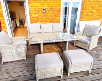 Aranżacja: Technorattanowy komplet mebli z sofą 180cm, fotelami, pufami i wysokim stołem Novici Dining Beige