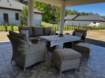 Aranżacja: Technorattanowy komplet mebli z sofą 180cm, fotelami, pufami i wysokim stołem Novici Dining Beige