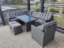 Aranżacja: Technorattanowy narożnik ogrodowy fotel + pufy z pikowanymi poduszkami Cofete Anthracite