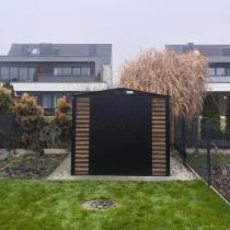 Aranżacja: Wzmacniany domek narzędziowy metalowy Dettel Plus 240x240x205cm - drzwi na zawiasach - Wooden