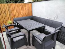 Aranżacja: Zestaw dla 10 osób z narożnikiem, stołem obiadowym i trzema fotelami Rellme VII grafitowy